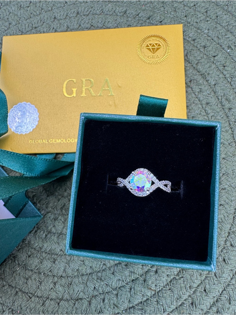 1 CT Aurora Borealis Moissanite Engagement Ring - Halo - GRA Certified - Size 6